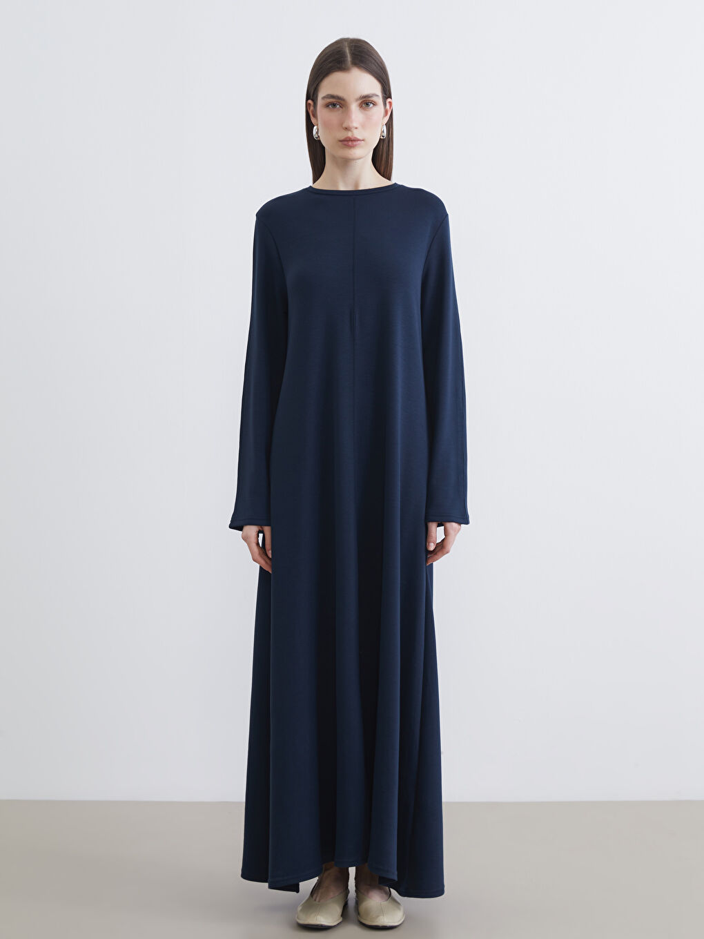 Lacivert Bisiklet Yaka A Kesim Elbise-1