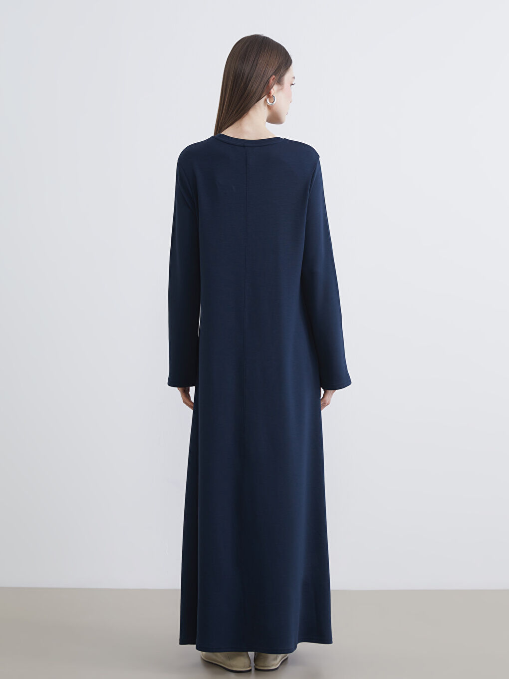 Lacivert Bisiklet Yaka A Kesim Elbise-3