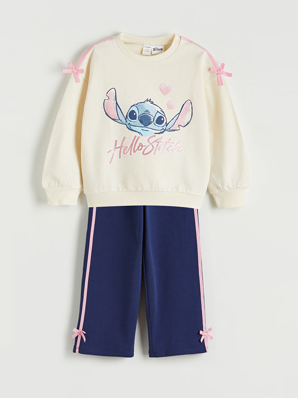 Ekru Lilo & Stitch Baskılı Kız Çocuk Sweatshirt ve Eşofman Altı