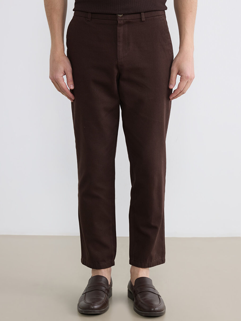 Kahverengi Standart Kalıp Erkek Gabardin Pantolon-1