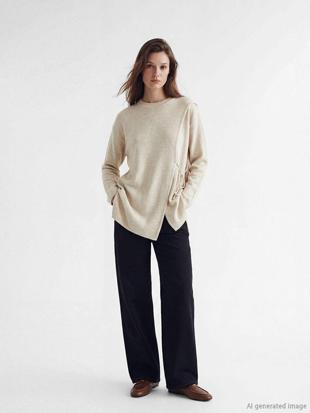 Bej Bisiklet Yaka Kadın Triko Tunik-1