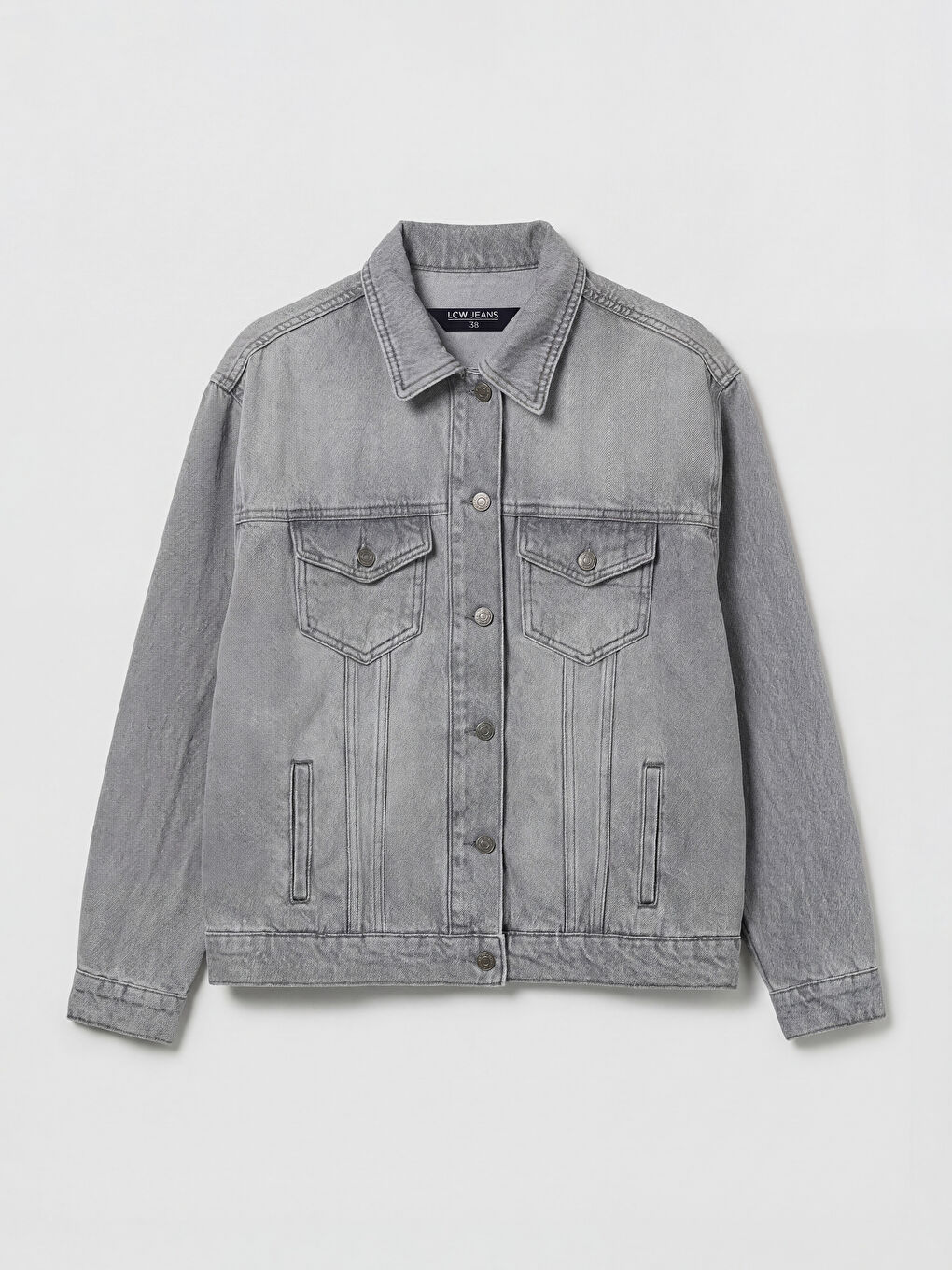 Gri Gömlek Yaka Oversize Kadın Jean Ceket-4