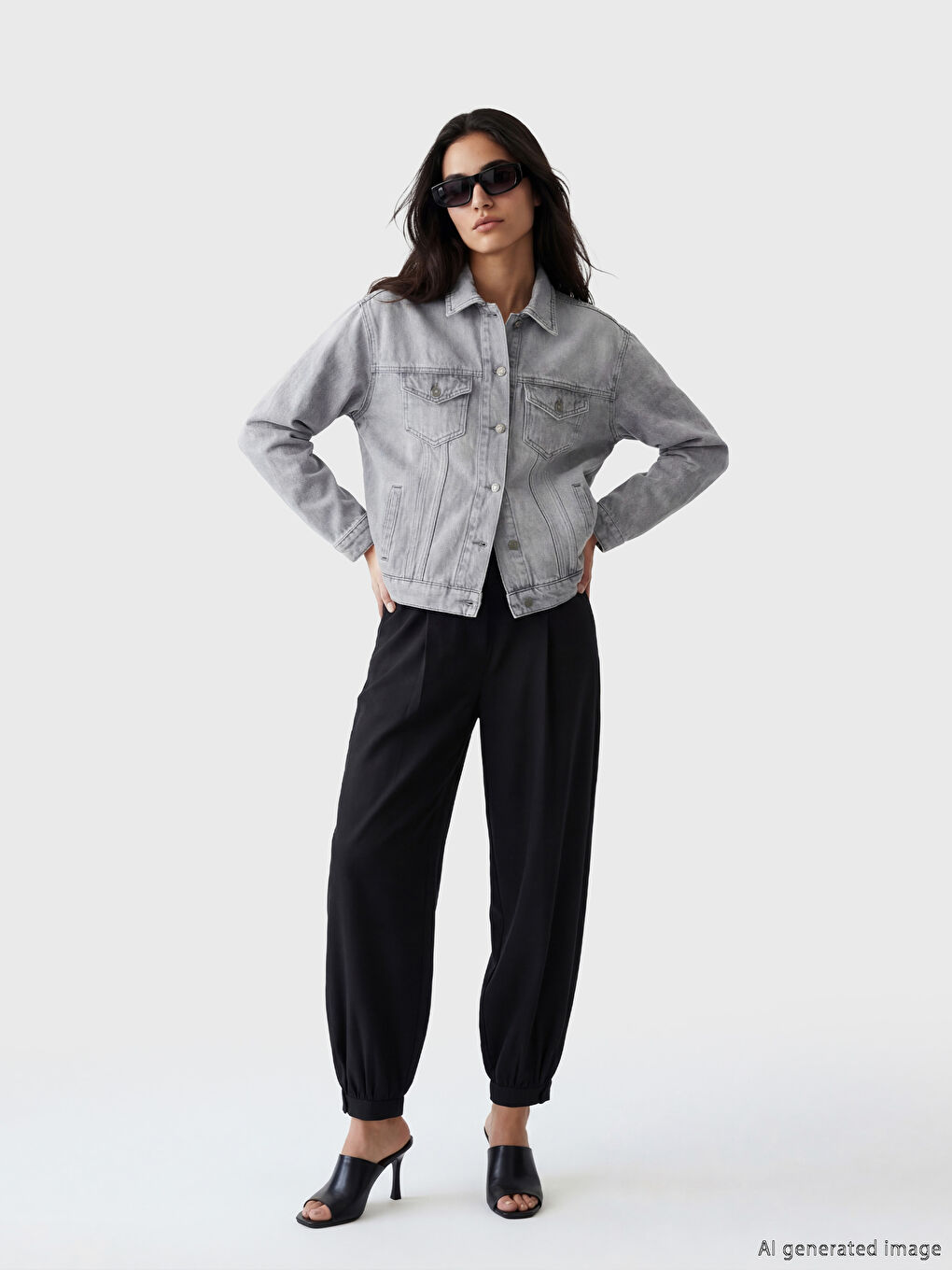 Gri Gömlek Yaka Oversize Kadın Jean Ceket-1