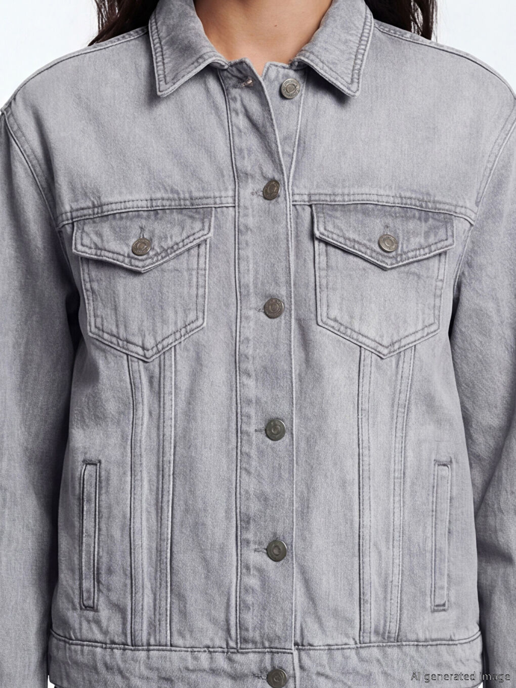 Gri Gömlek Yaka Oversize Kadın Jean Ceket-2