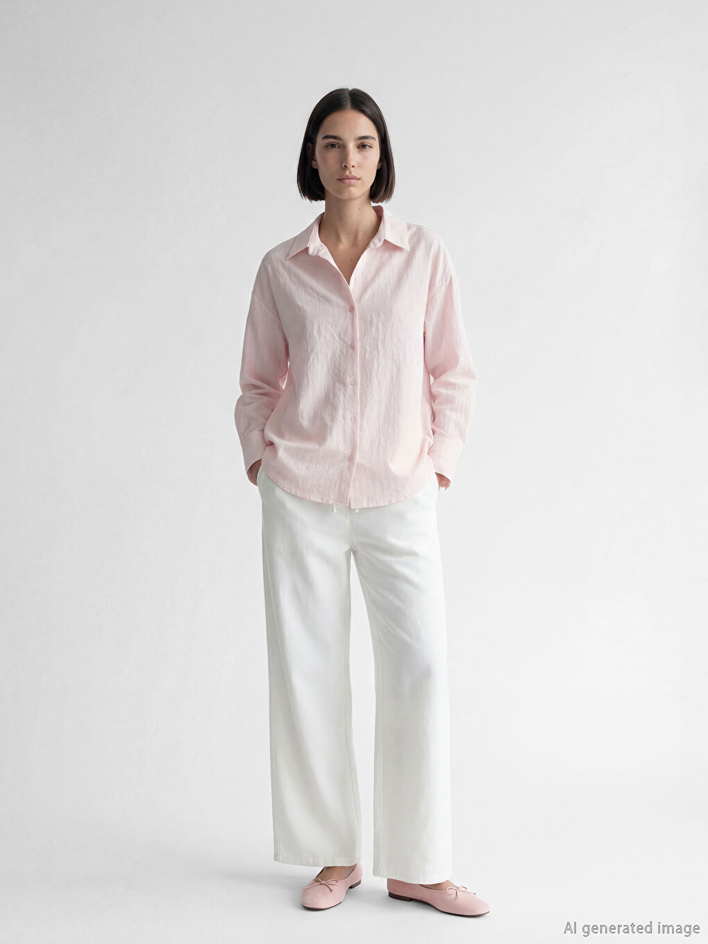 Beyaz Beli Lastikli Gabardin Kadın Pantolon