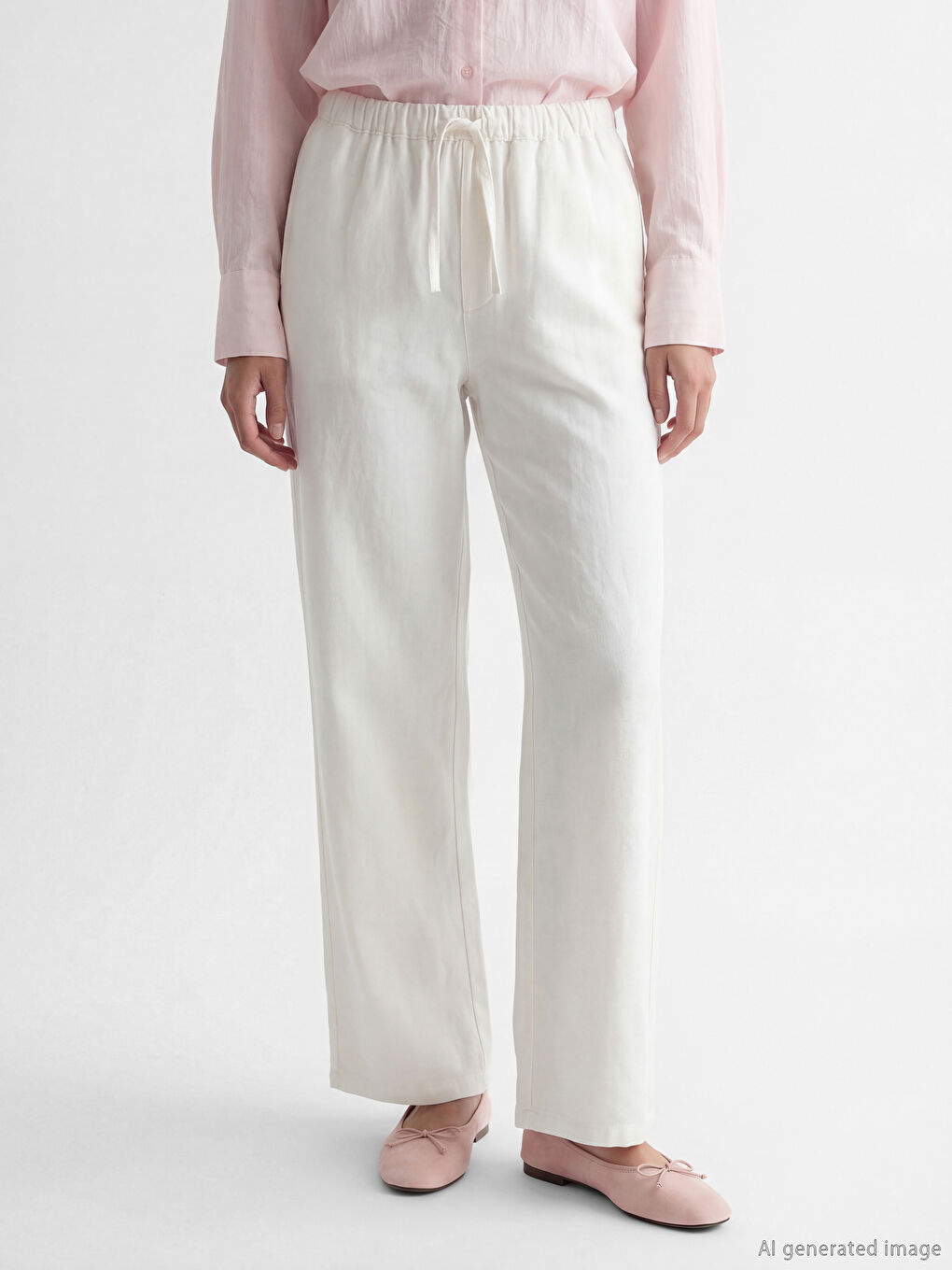 Beyaz Beli Lastikli Gabardin Kadın Pantolon-1