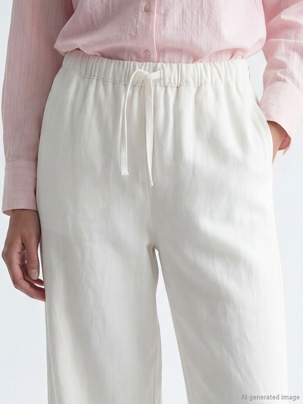 Beyaz Beli Lastikli Gabardin Kadın Pantolon-2