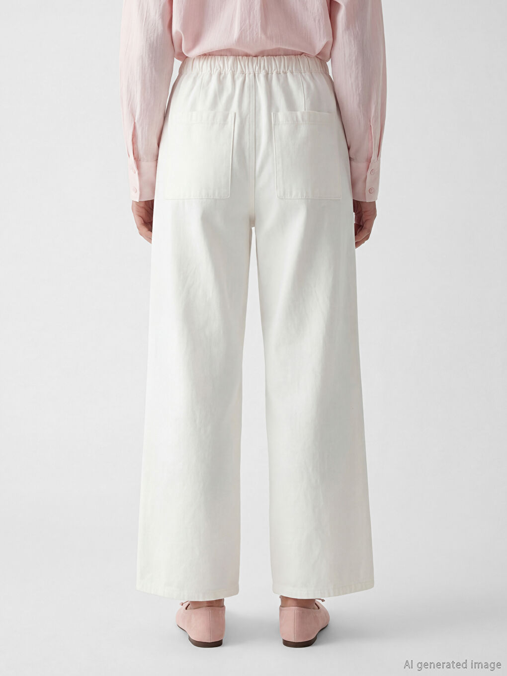 Beyaz Beli Lastikli Gabardin Kadın Pantolon-3