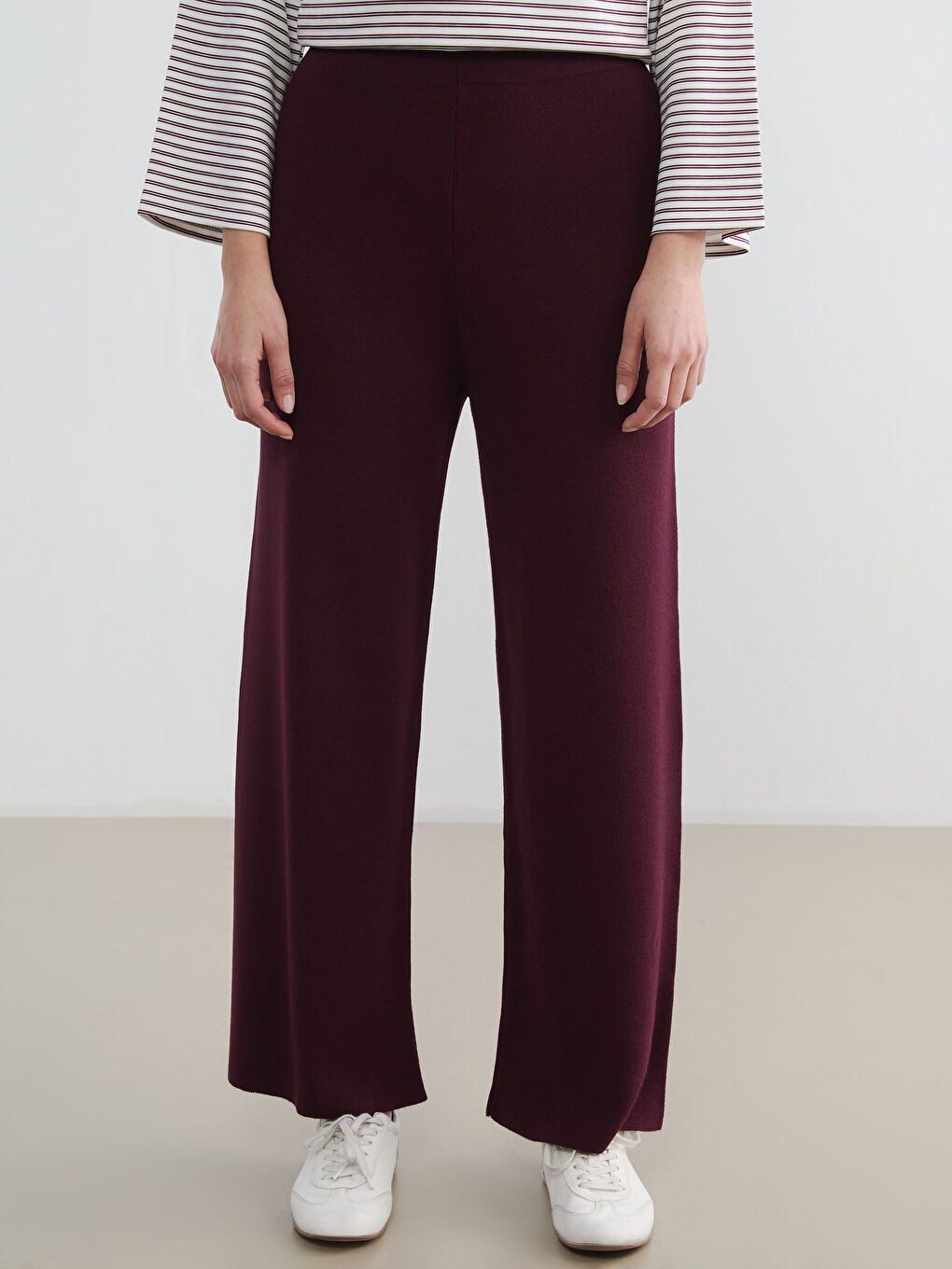 Bordo Beli Lastikli Geniş Paça Kadın Triko Pantolon-1