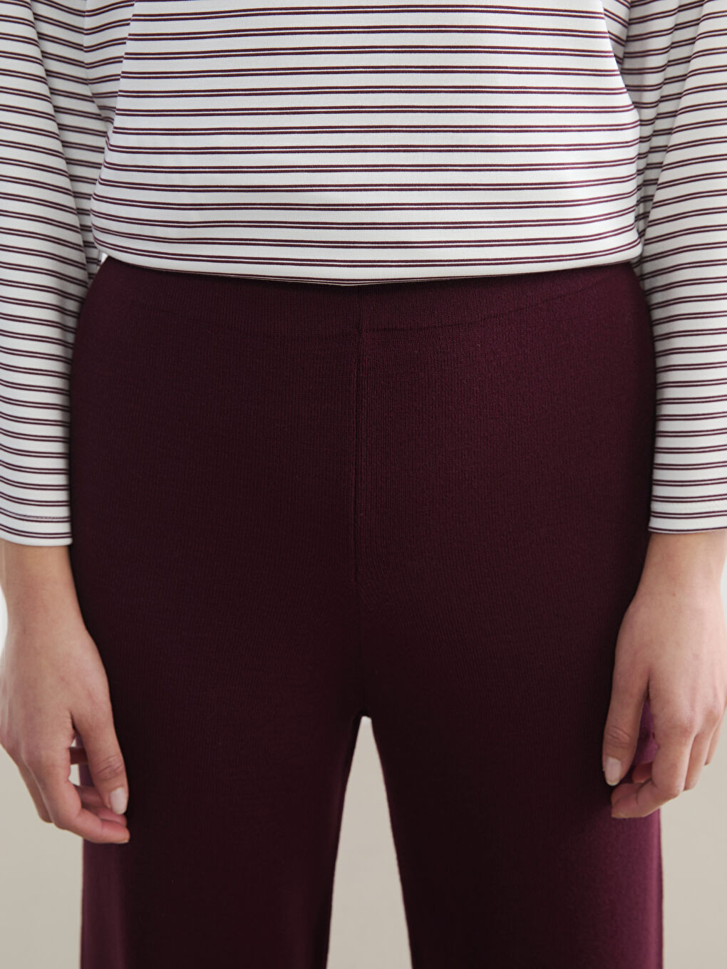 Bordo Beli Lastikli Geniş Paça Kadın Triko Pantolon-2