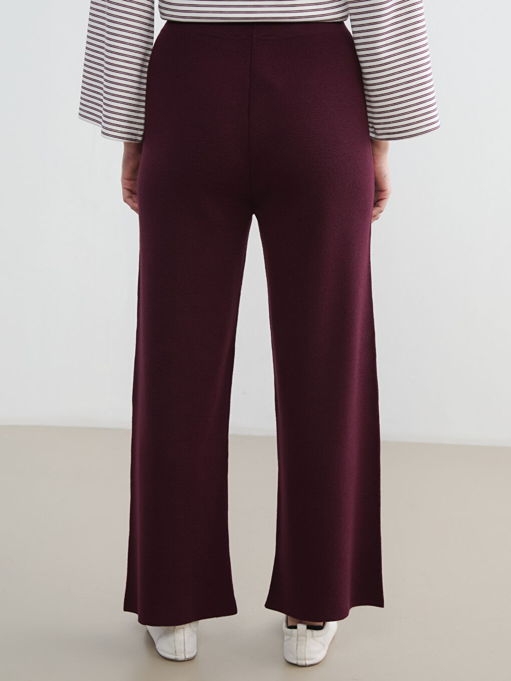 Bordo Beli Lastikli Geniş Paça Kadın Triko Pantolon-3