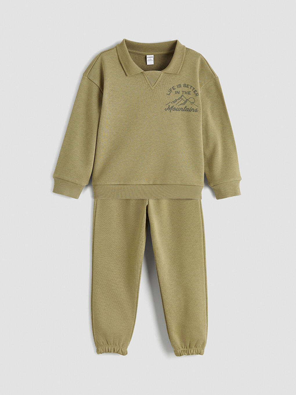 Haki Polo Yaka Baskılı Erkek Çocuk Kalın Eşofman Takımı