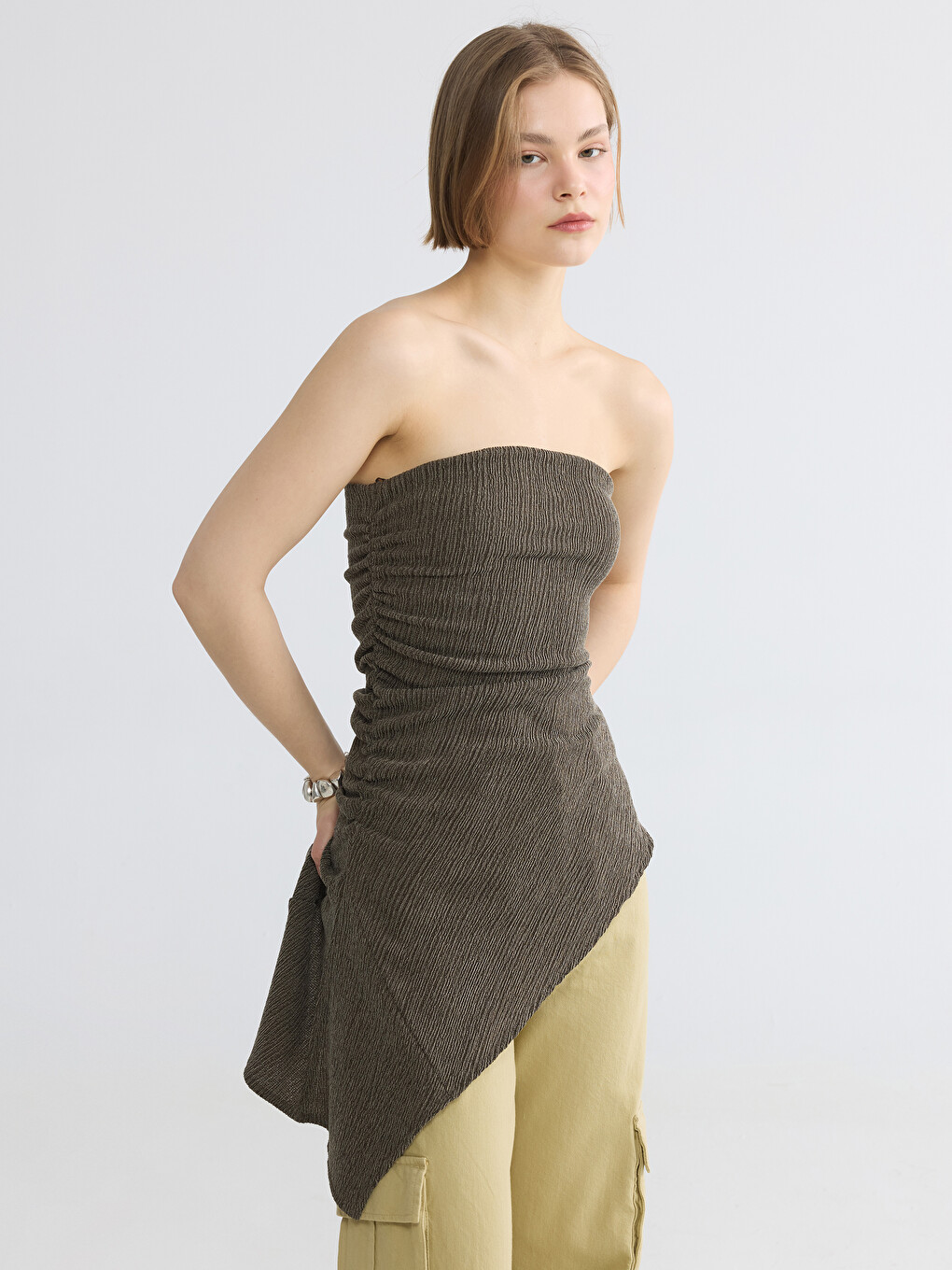 Strapless Collar Ruched Asymmetric Cut Blouse