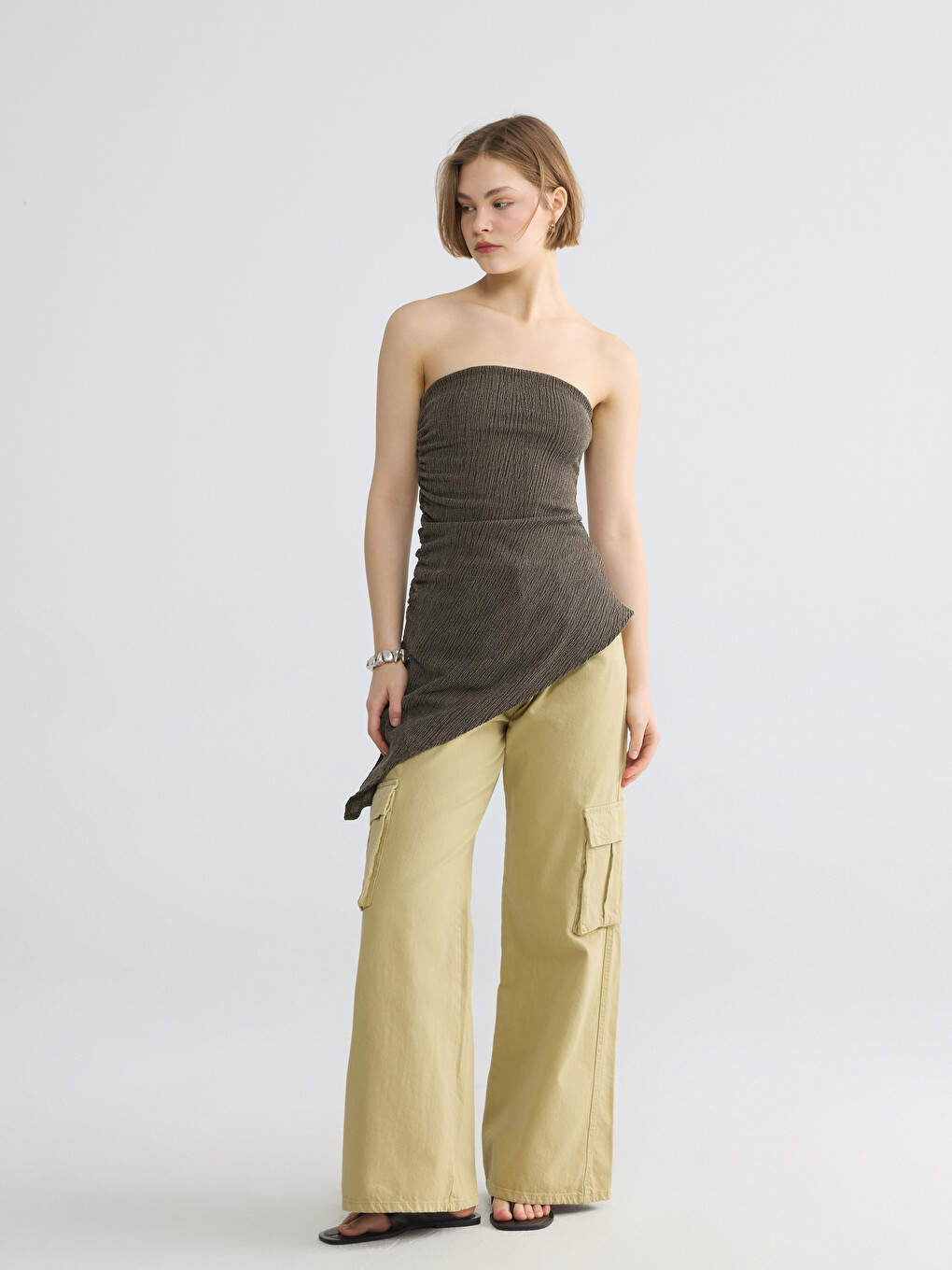 Strapless Collar Ruched Asymmetric Cut Blouse-1