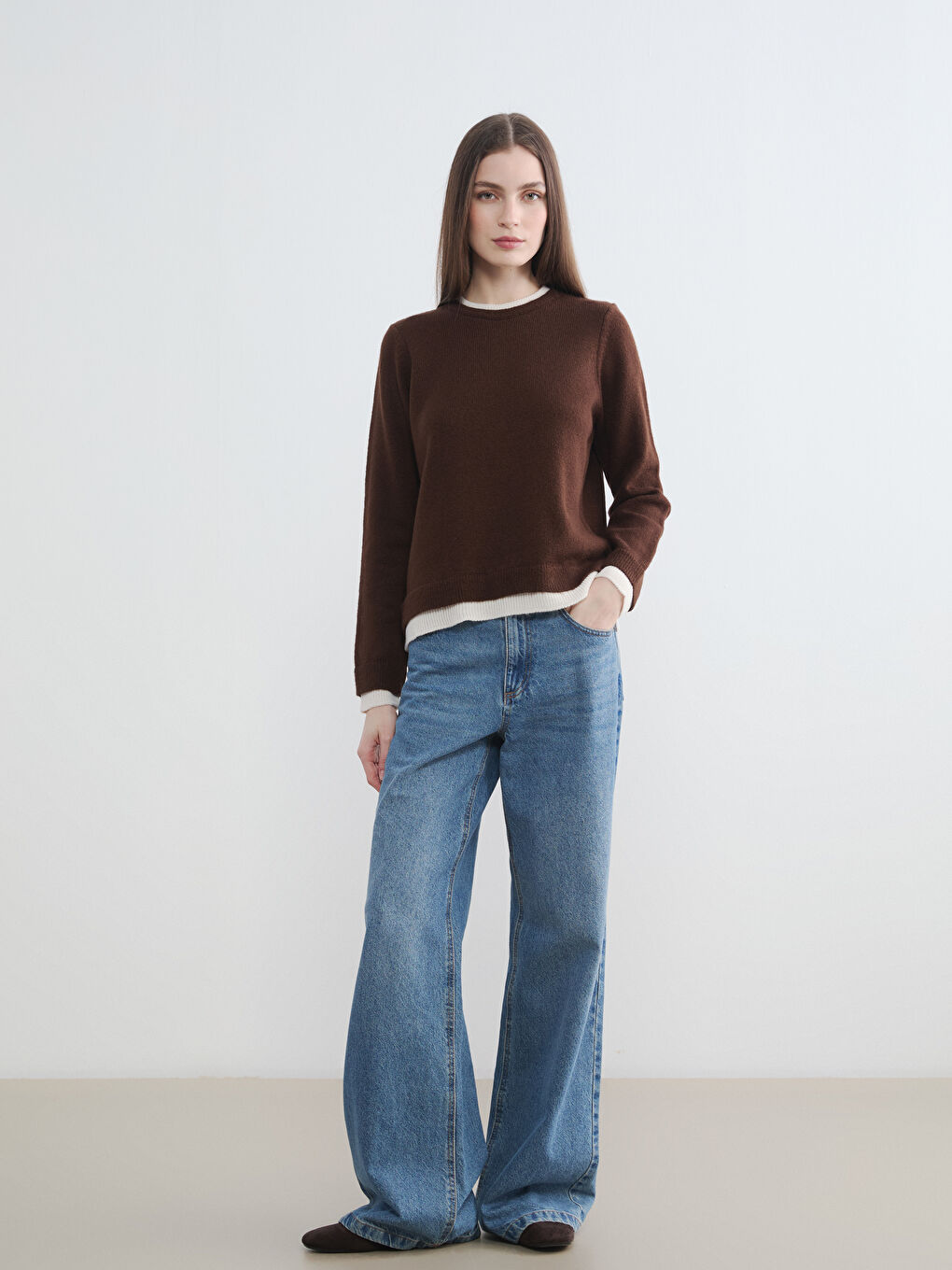 Kahverengi Bisiklet Yaka Kadın Triko Kazak-1