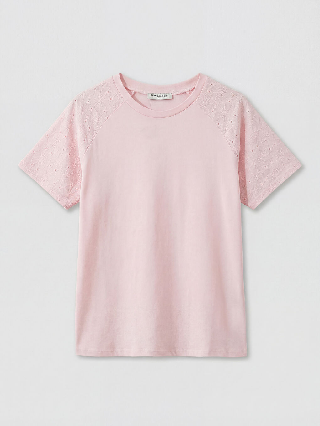 Pembe Bisiklet Yaka Nakışlı Kadın Tişört