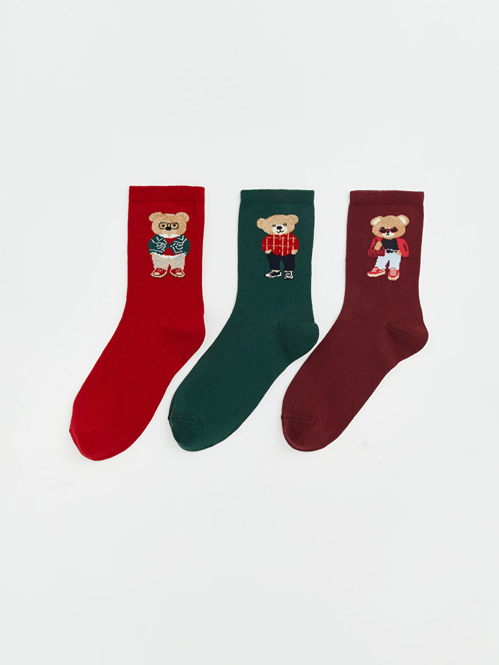 Kırmızı Ayı Desenli Kadın Soket Çorap 3'lü