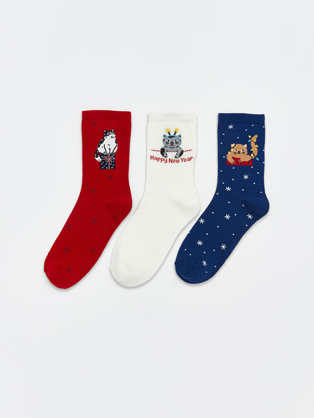 Kırmızı Kedi Desenli Kadın Soket Çorap 3'lü