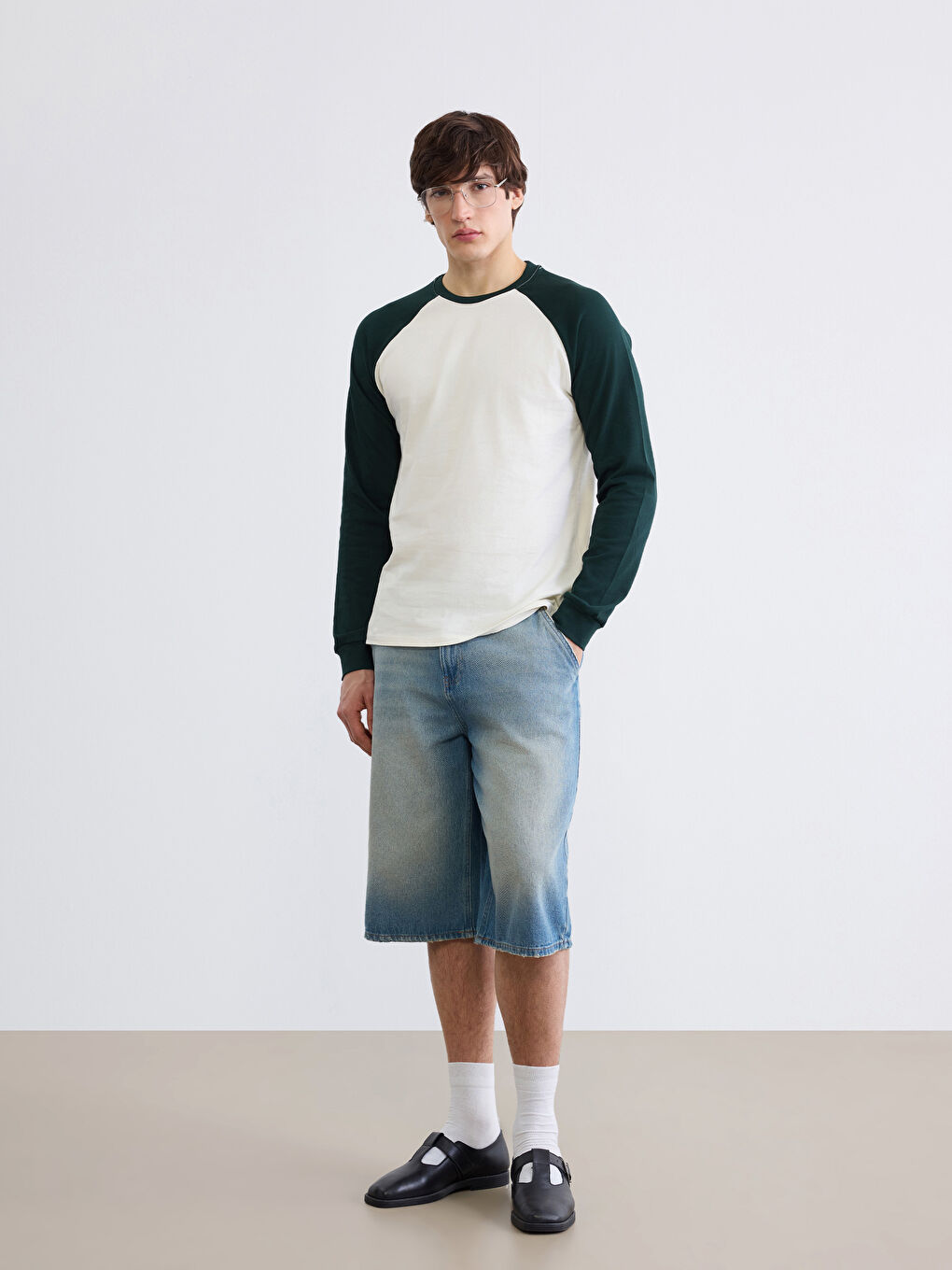 Ekru Bisiklet Yaka Uzun Kollu Renk Bloğu Erkek Tişört-1