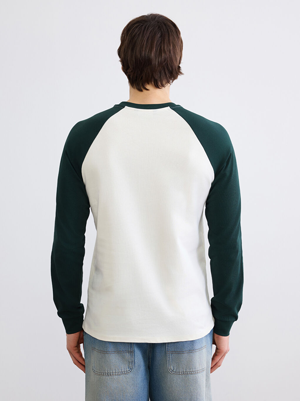 Ekru Bisiklet Yaka Uzun Kollu Renk Bloğu Erkek Tişört-3