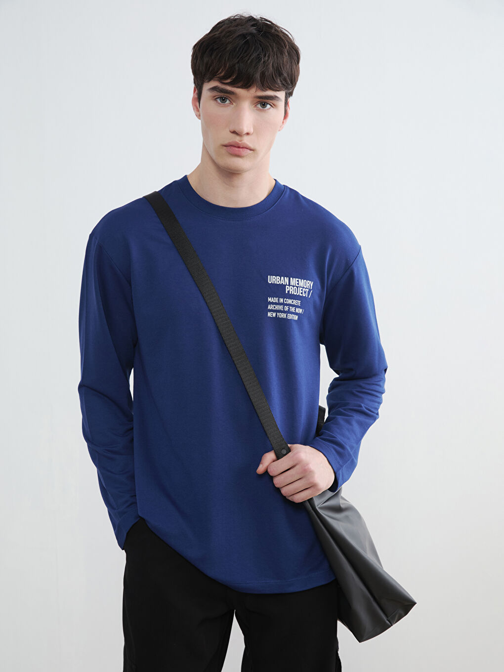 Lacivert Bisiklet Yaka Baskılı Erkek Sweatshirt