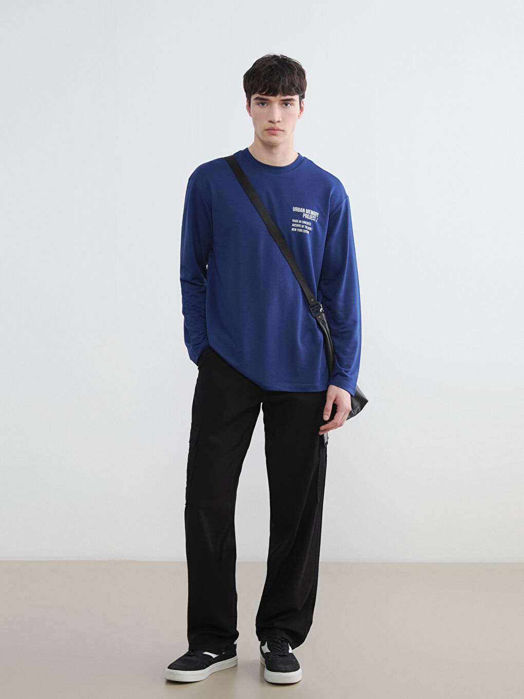 Lacivert Bisiklet Yaka Baskılı Erkek Sweatshirt-1