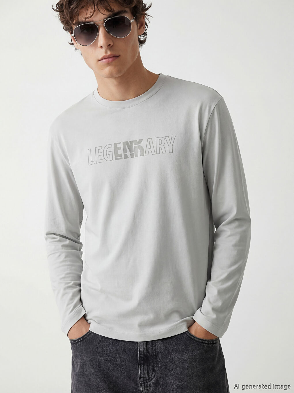 Gri Bisiklet Yaka Baskılı Erkek Sweatshirt