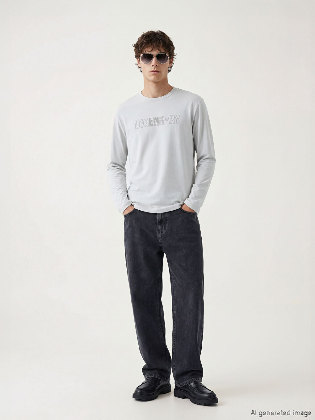 Gri Bisiklet Yaka Baskılı Erkek Sweatshirt-1