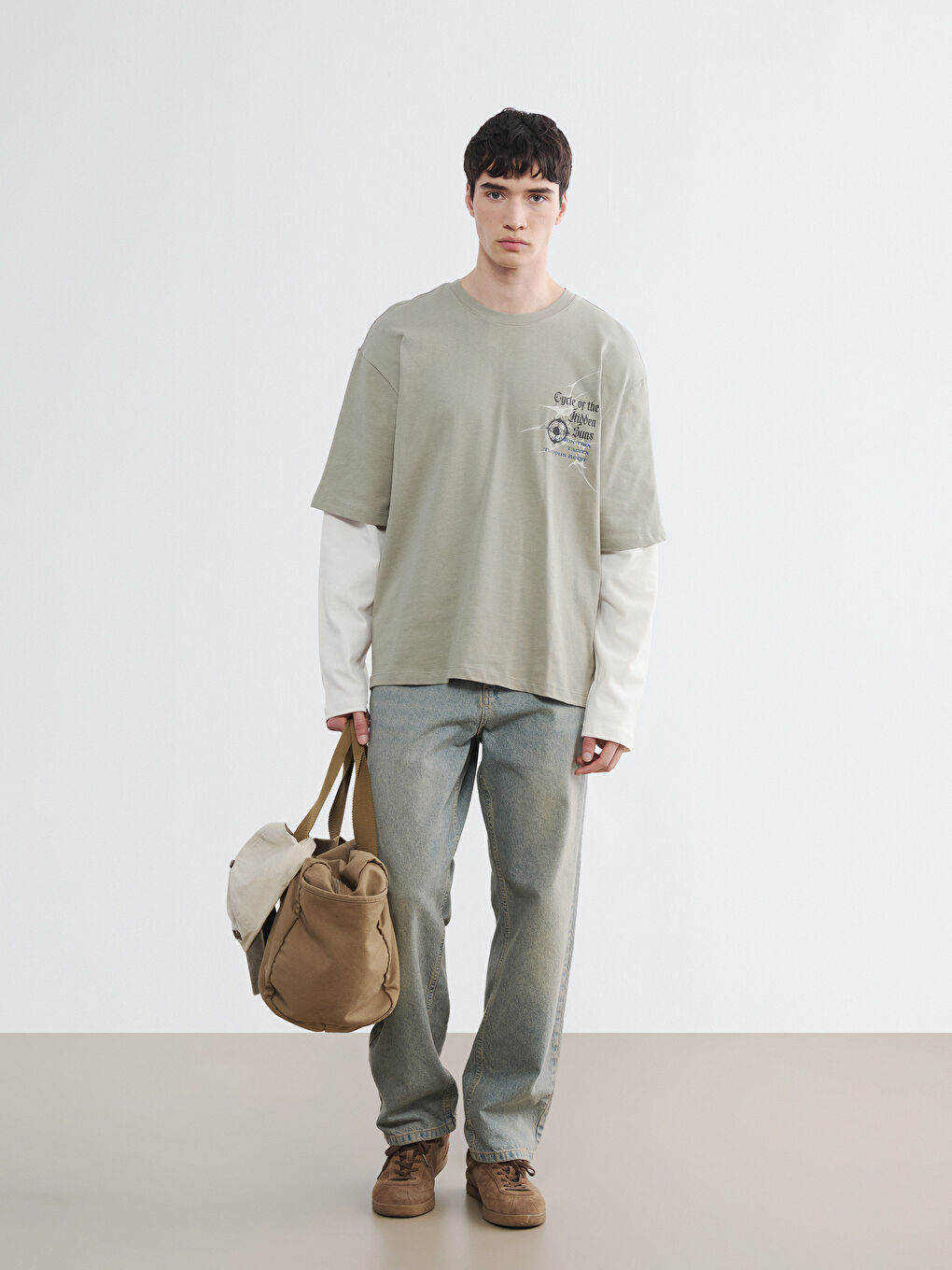 Haki Bisiklet Yaka Baskılı Erkek Sweatshirt-1