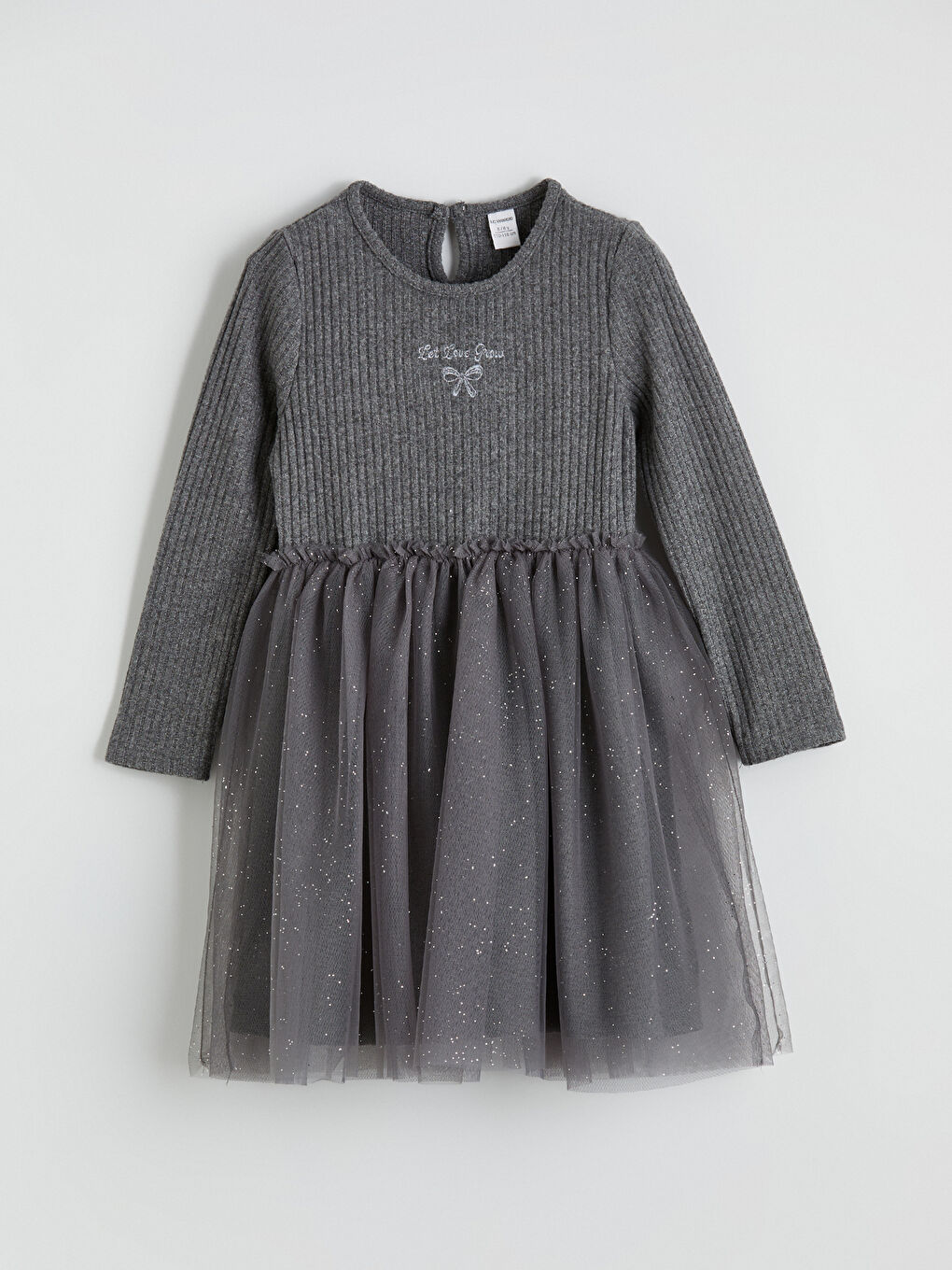 Antrasit Bisiklet Yaka Nakışlı Kız Çocuk Tütü Elbise	