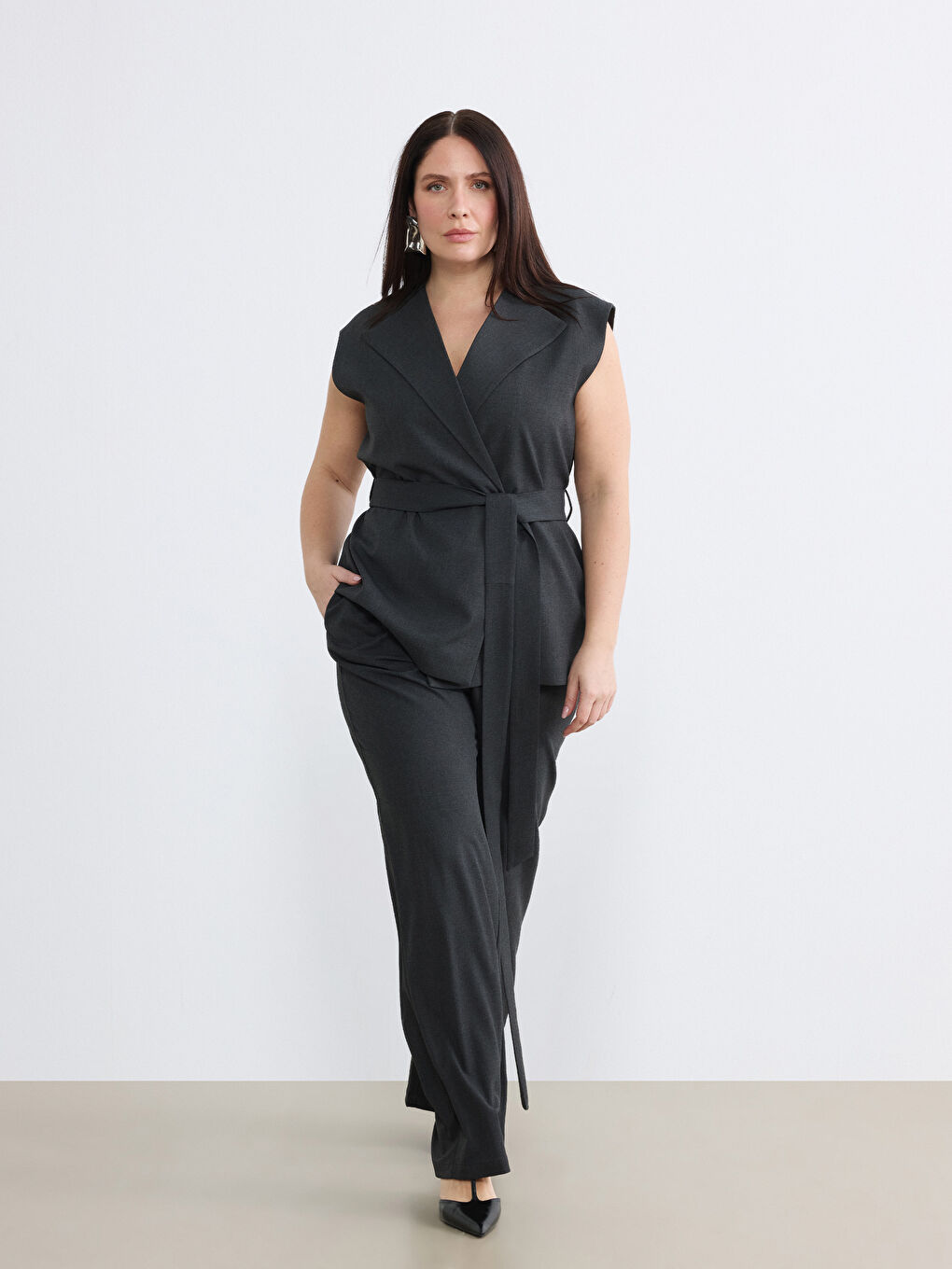 Antrasit Kruvaze Yaka Kuşaklı Kadın Klasik Yelek-5