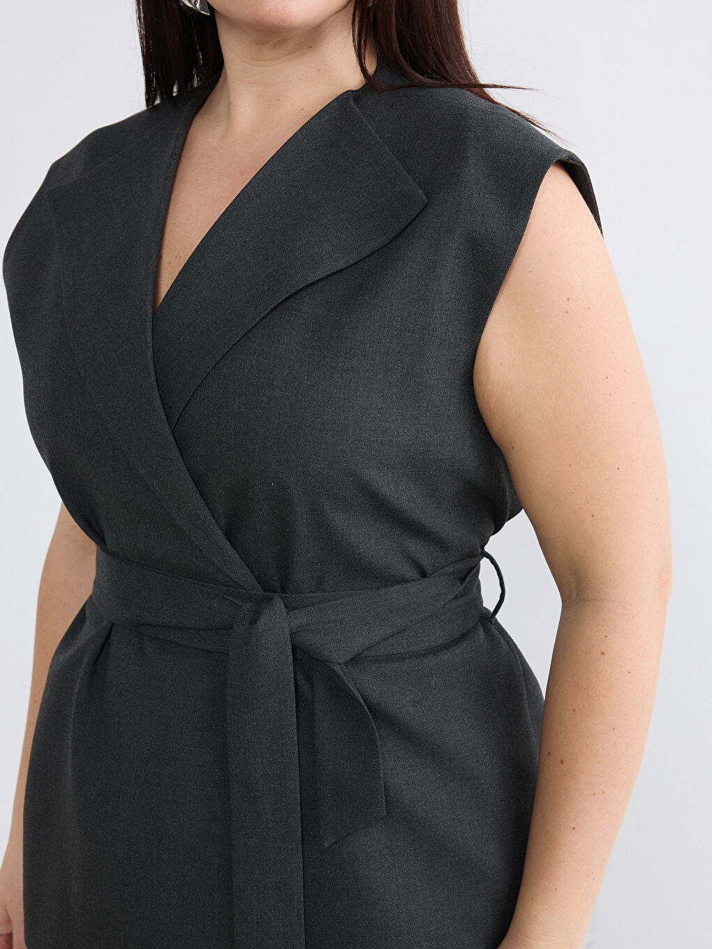 Antrasit Kruvaze Yaka Kuşaklı Kadın Klasik Yelek-6