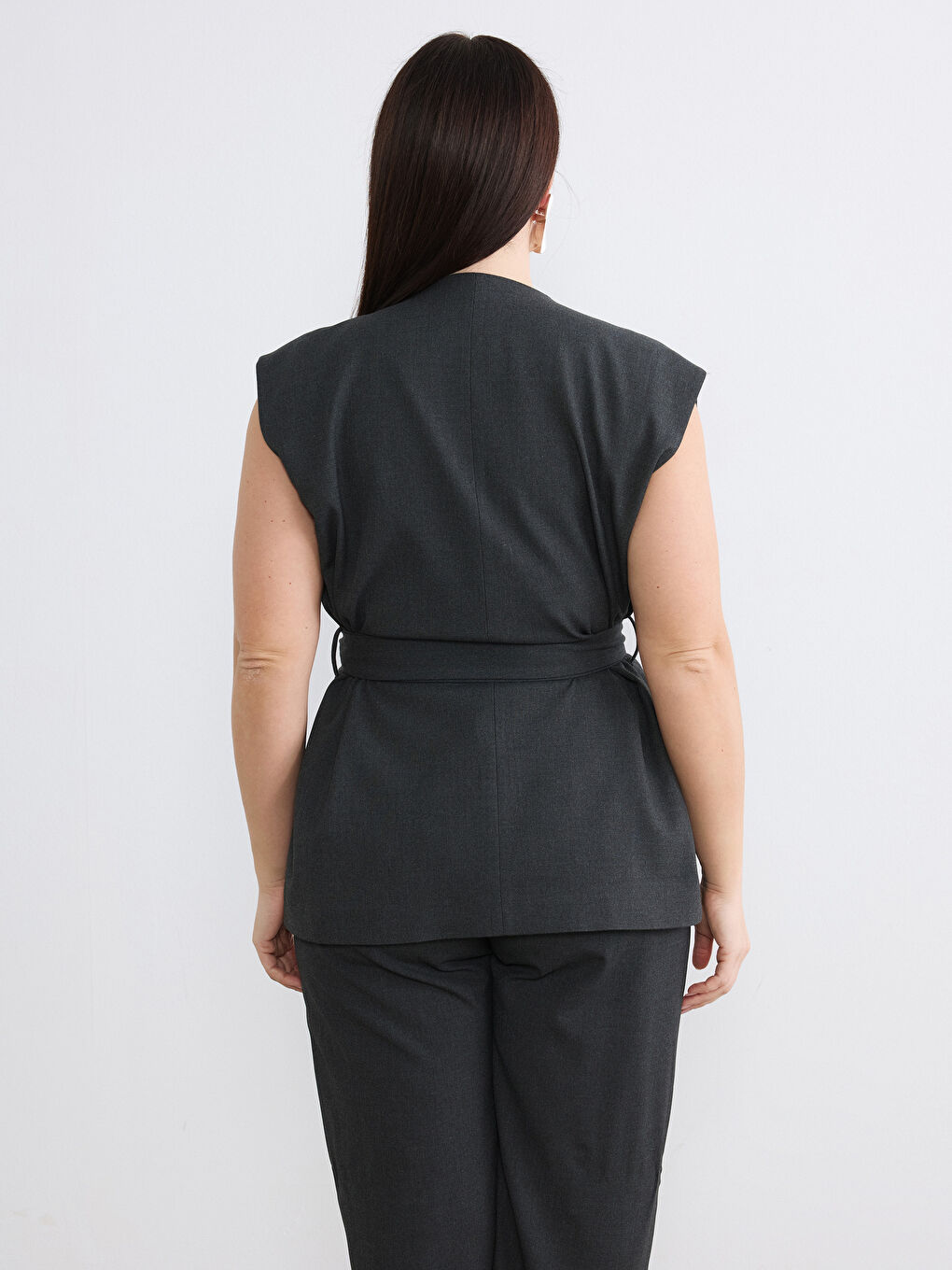 Antrasit Kruvaze Yaka Kuşaklı Kadın Klasik Yelek-7