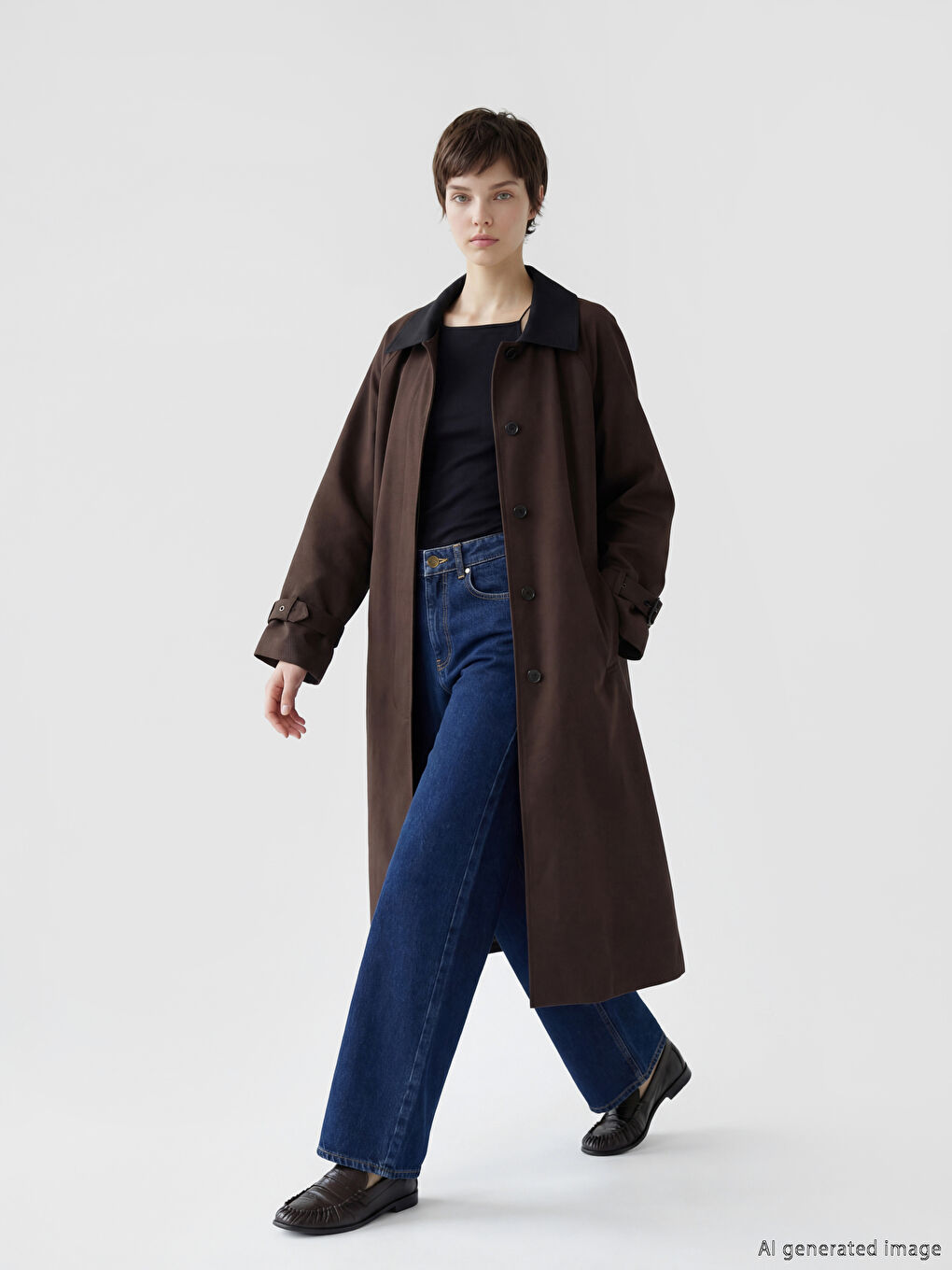 Kahverengi Kontrast Yaka Oversize Kadın Trençkot