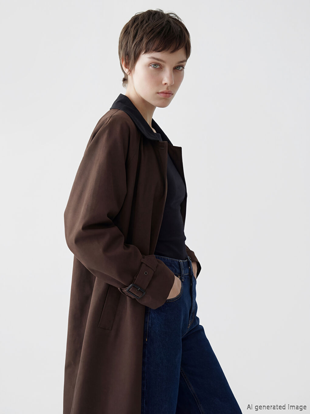 Kahverengi Kontrast Yaka Oversize Kadın Trençkot-2