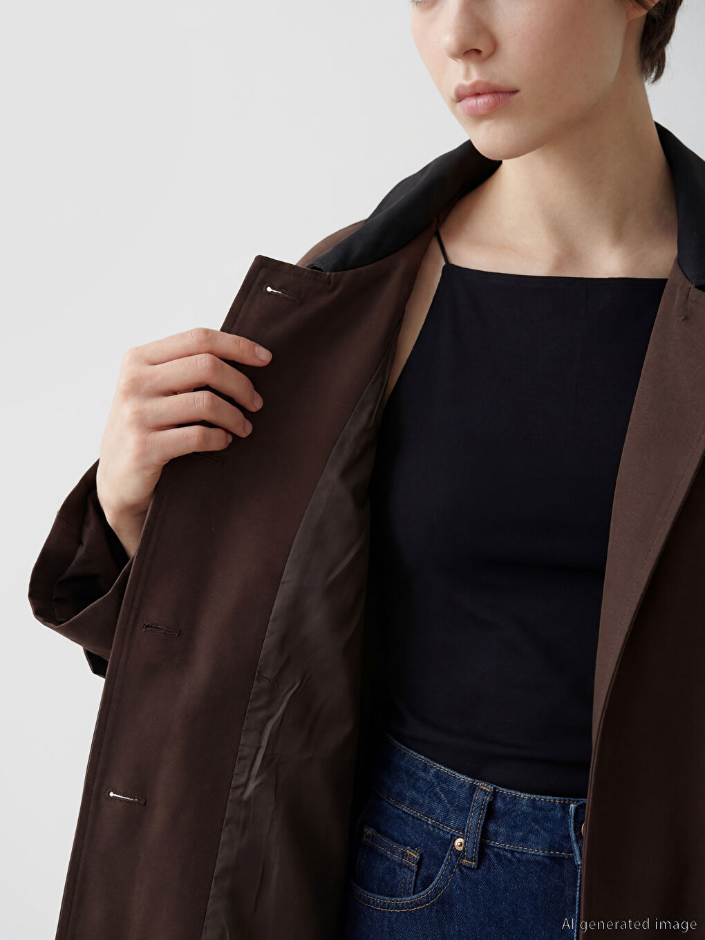 Kahverengi Kontrast Yaka Oversize Kadın Trençkot-4