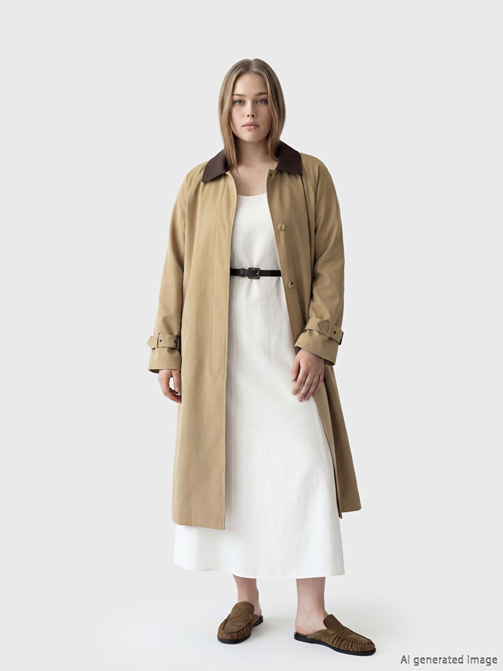 Bej Kontrast Yaka Oversize Kadın Trençkot