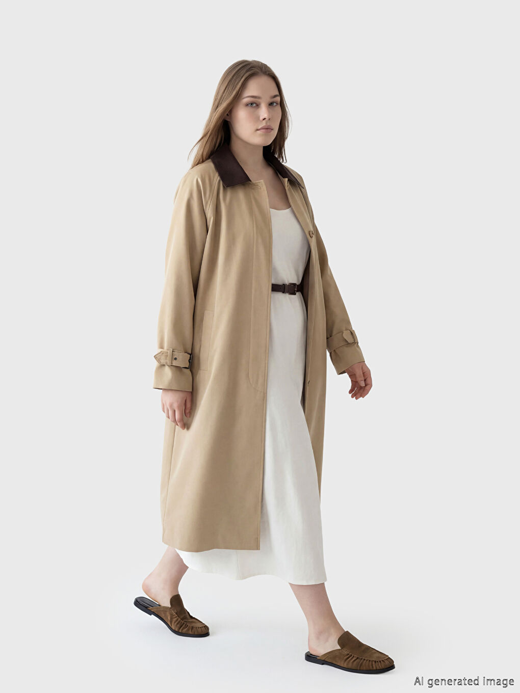 Bej Kontrast Yaka Oversize Kadın Trençkot-1