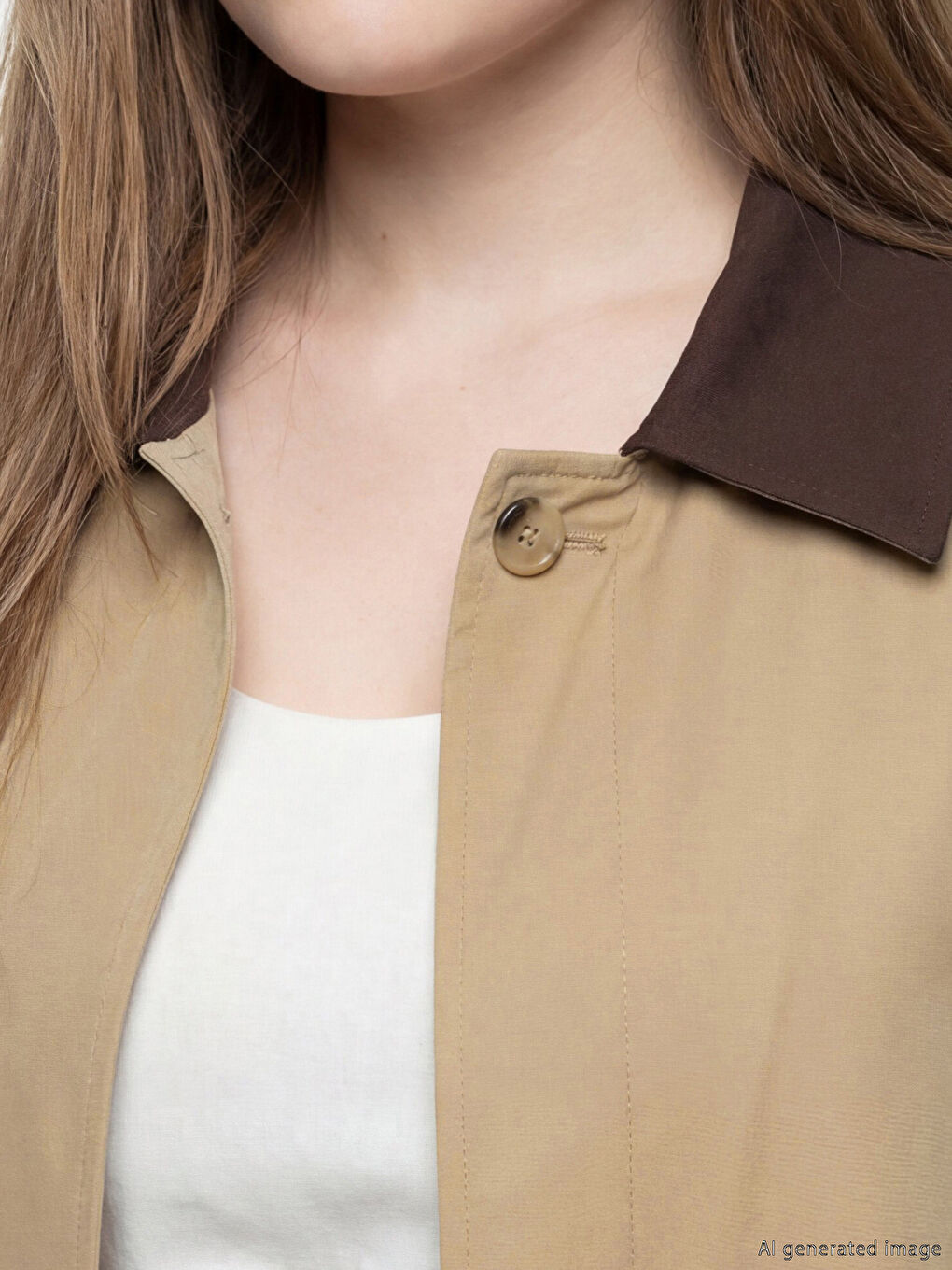 Bej Kontrast Yaka Oversize Kadın Trençkot-2