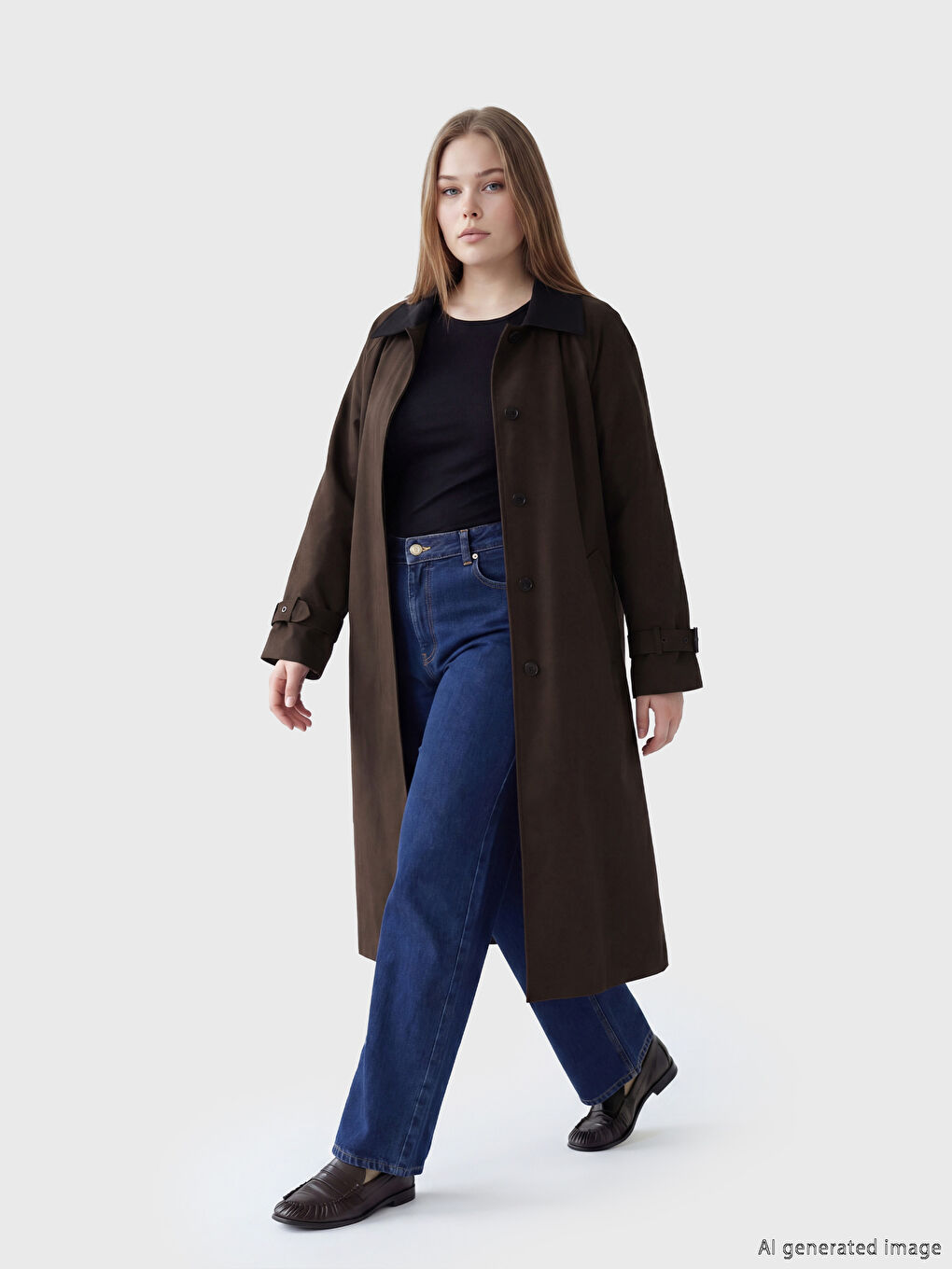 Kahverengi Kontrast Yaka Oversize Kadın Trençkot-1