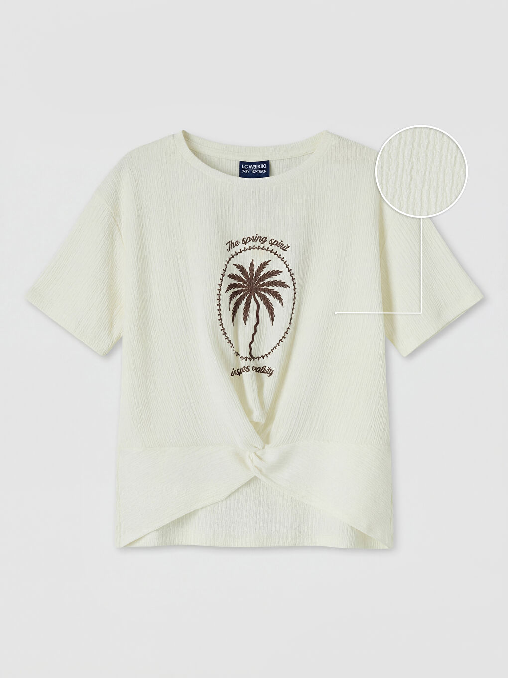 Ekru Büzgü Detaylı Kız Çocuk Tişört