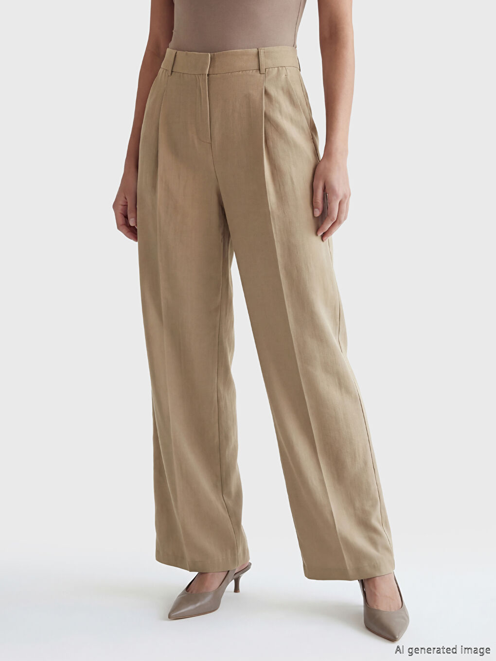 Bej Yüksek Bel Pileli Kadın Kumaş Pantolon-1