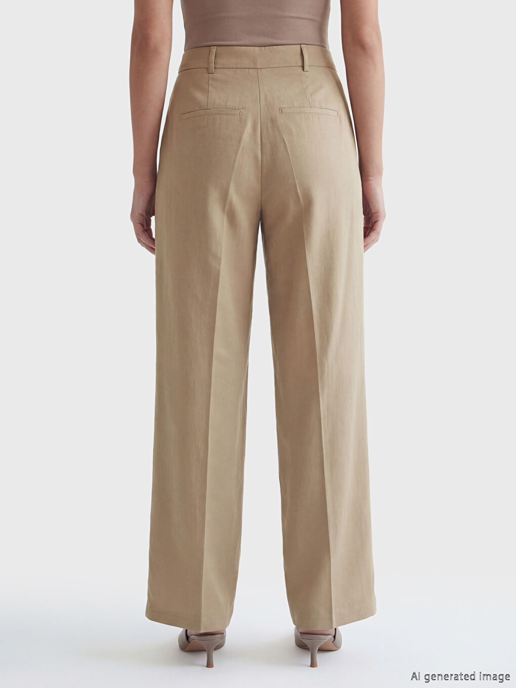 Bej Yüksek Bel Pileli Kadın Kumaş Pantolon-3