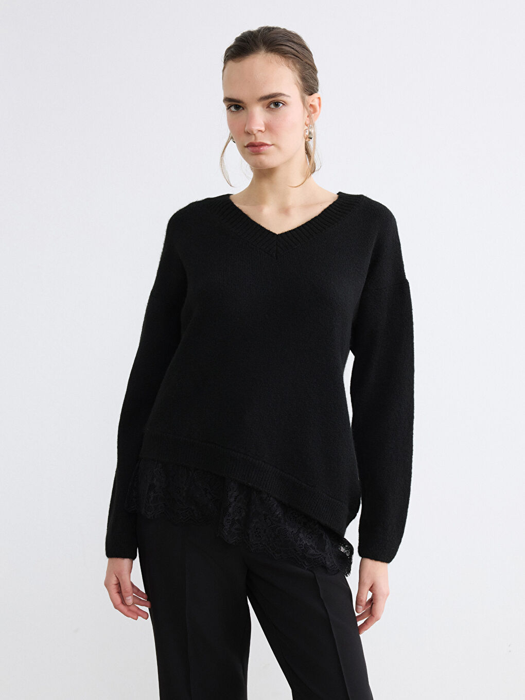 V-Neck Knit Sweater with Lace Detail