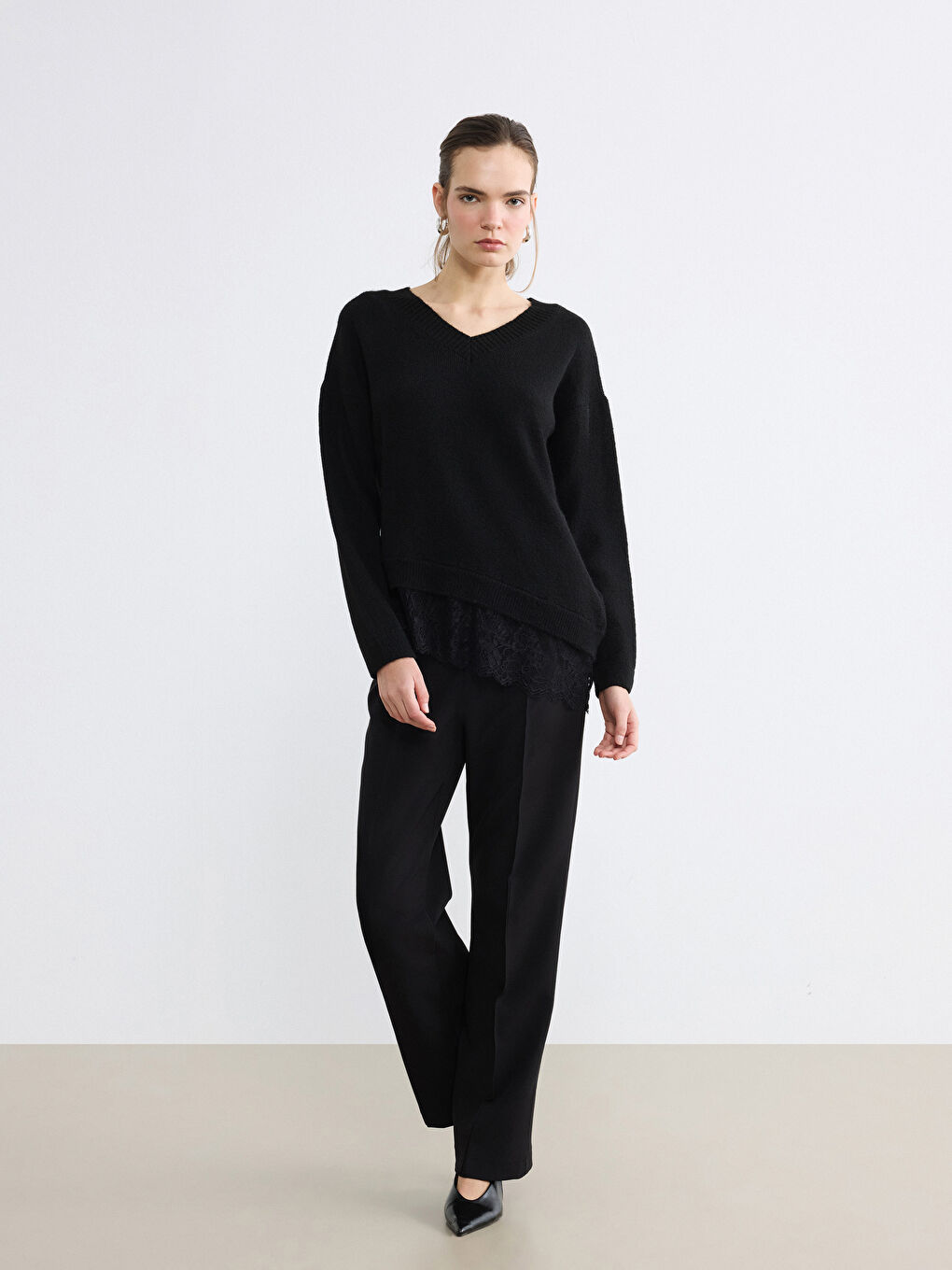 V-Neck Knit Sweater with Lace Detail-1