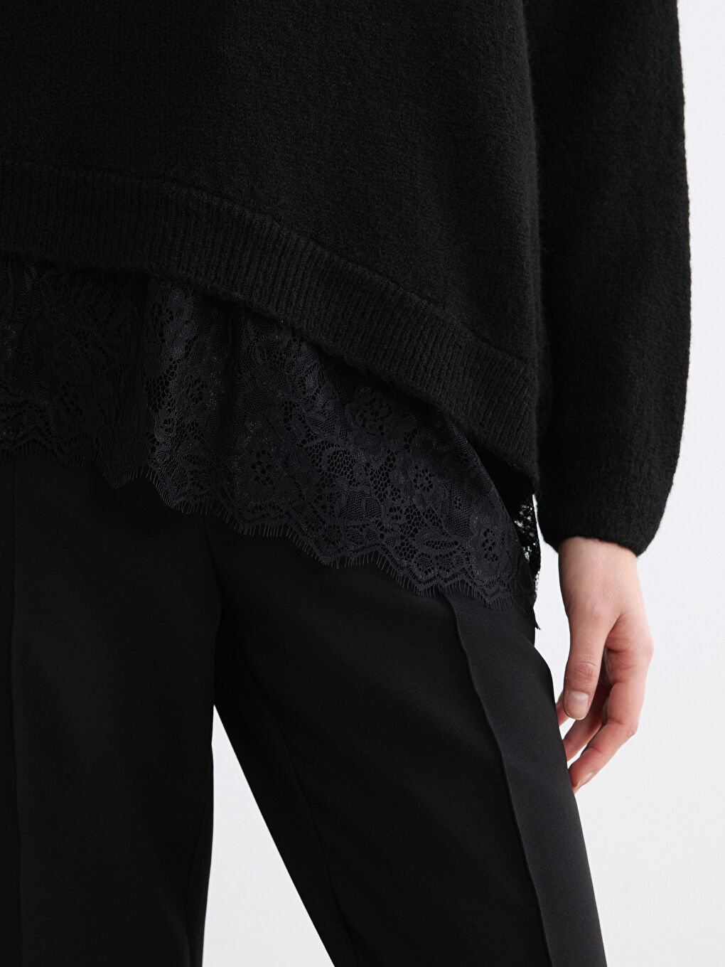 V-Neck Knit Sweater with Lace Detail-2