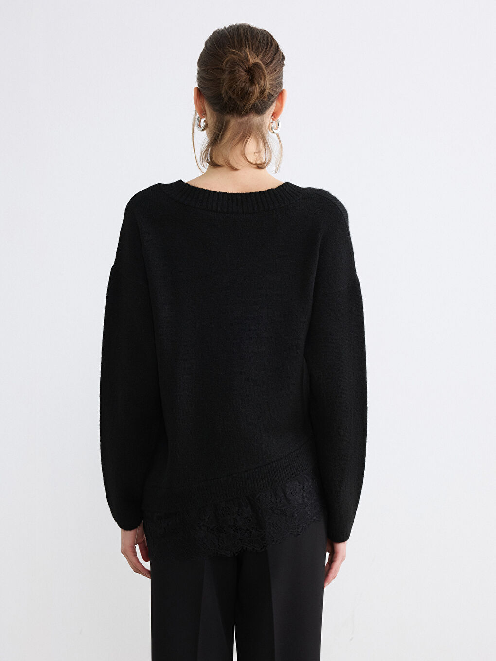 V-Neck Knit Sweater with Lace Detail-3