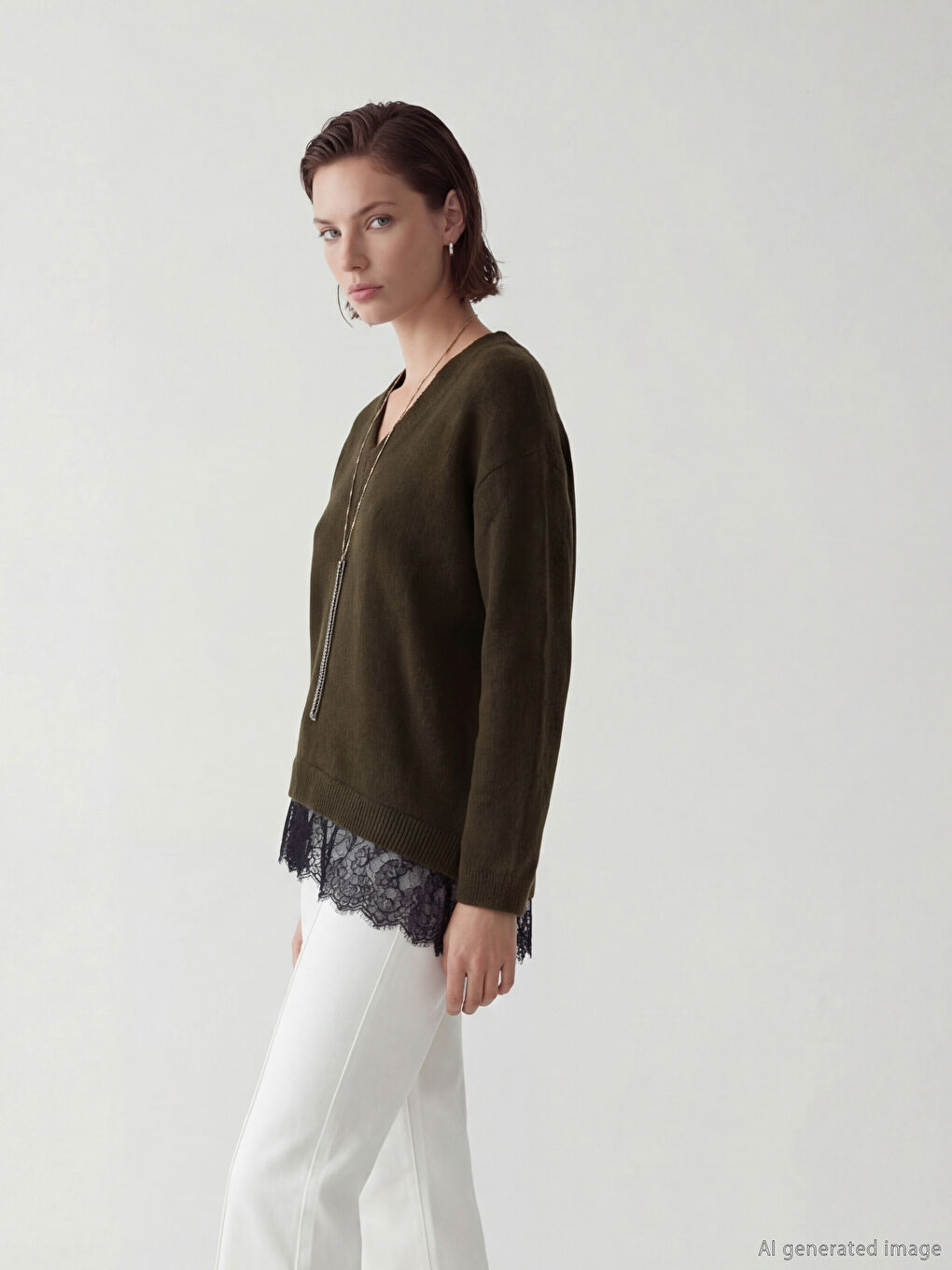 V-Neck Lace Detailed Women's Knit Sweater