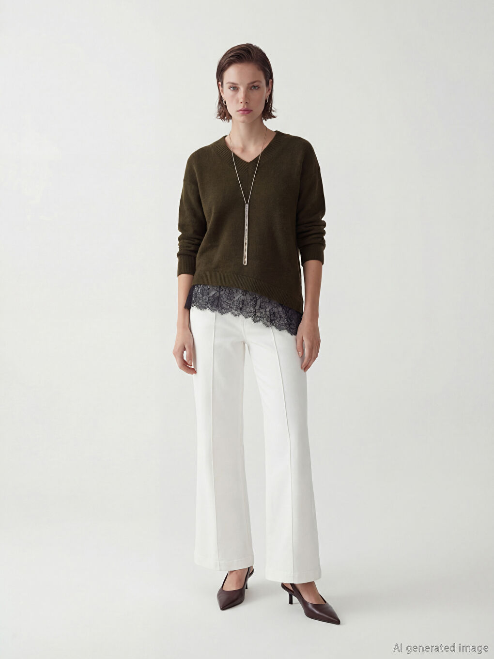 V-Neck Lace Detailed Women's Knit Sweater-1