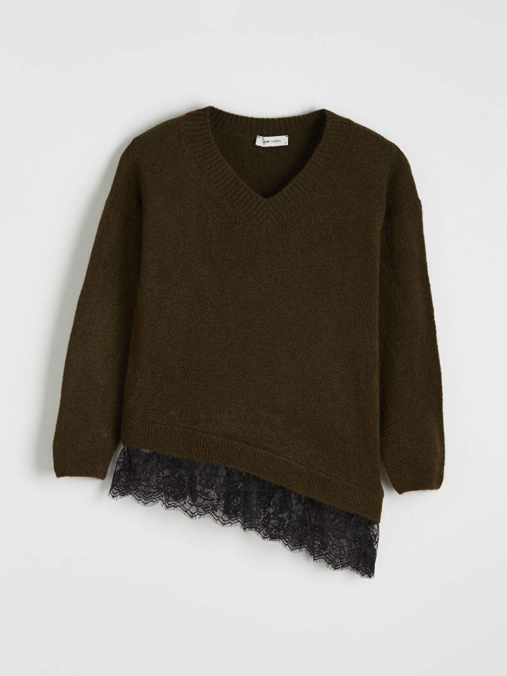 Yeşil V Yaka Dantel Detaylı Kadın Triko Kazak